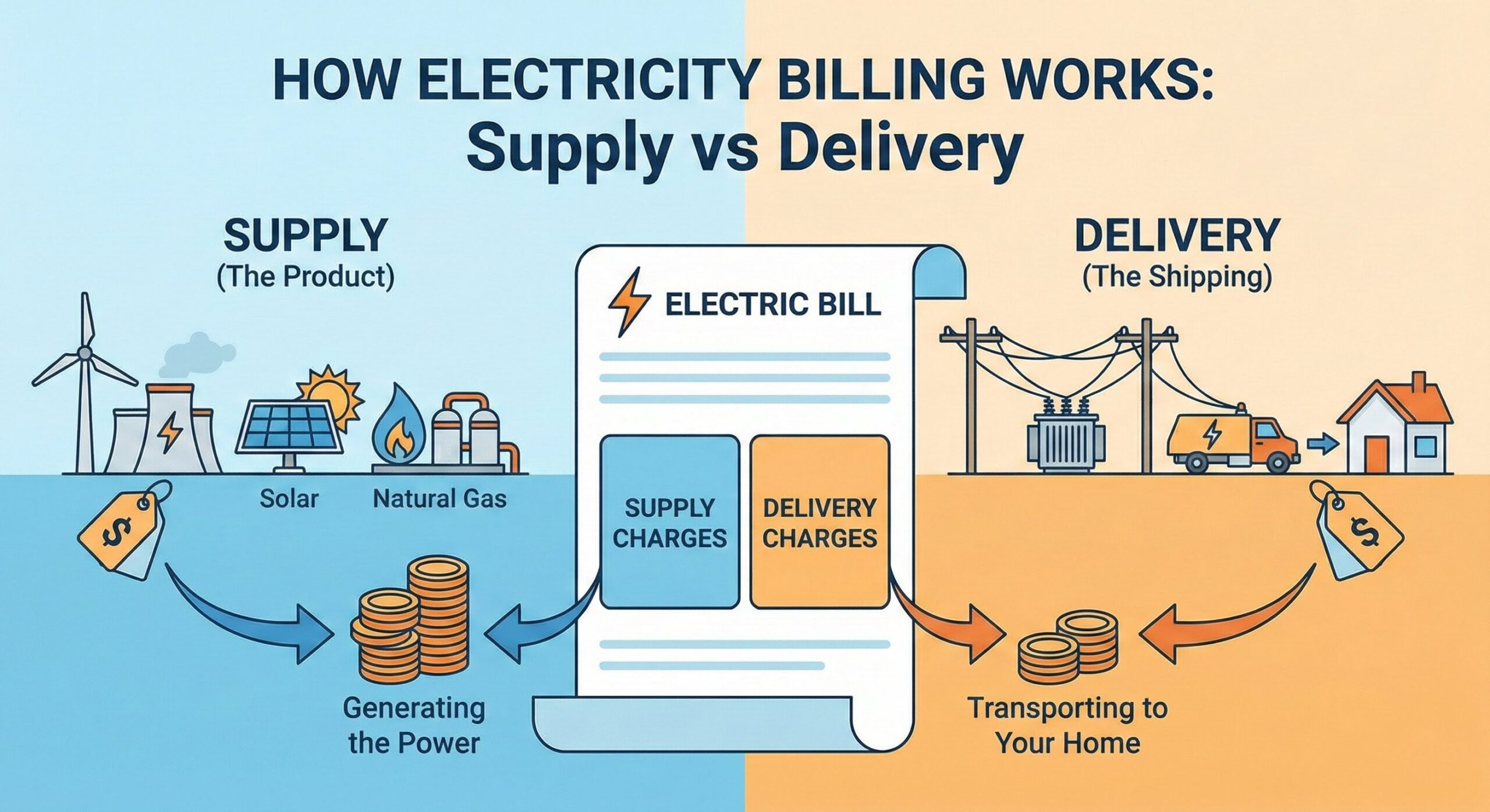 Diagram showing supply vs delivery charges on an electric bill