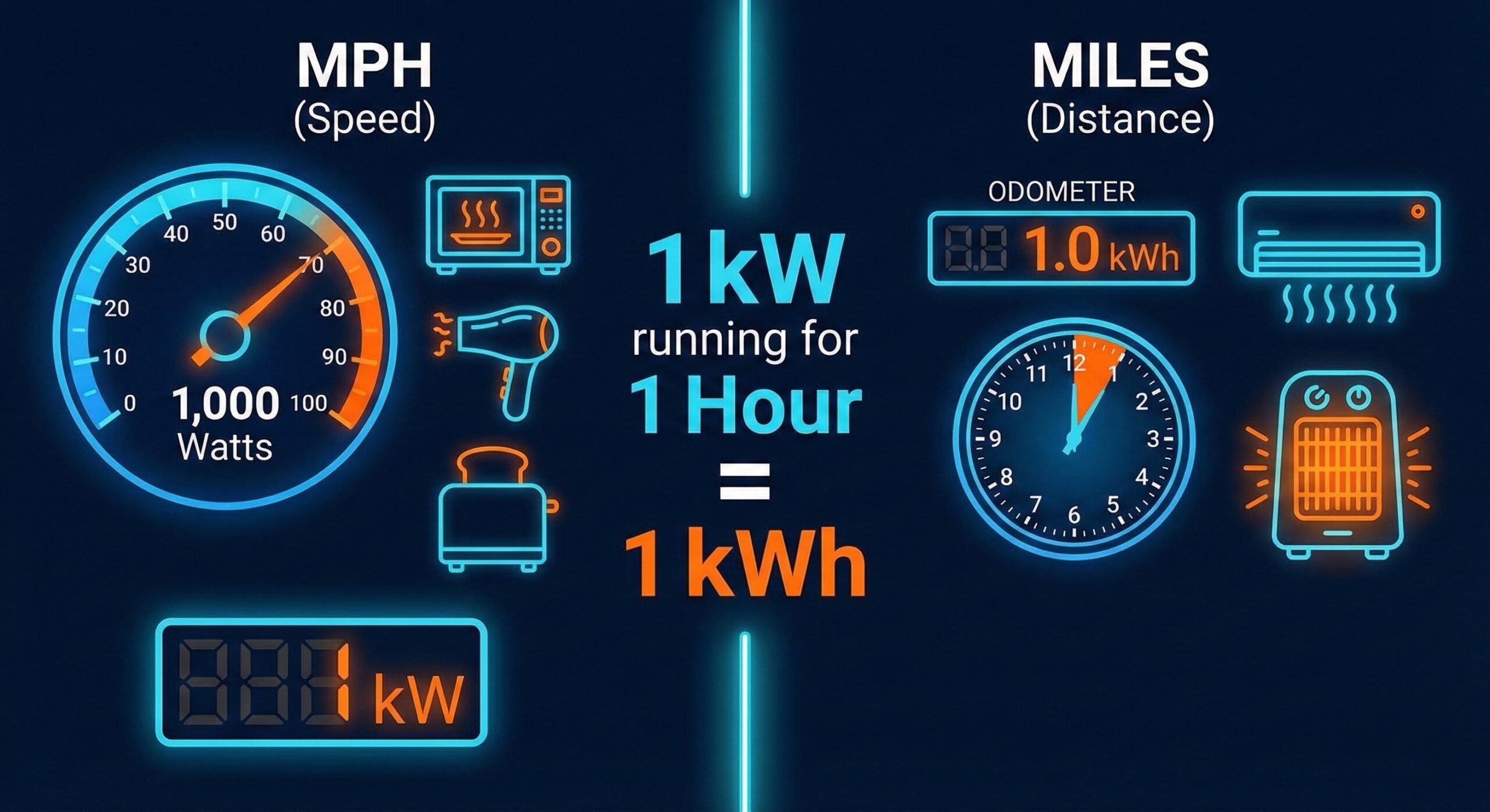 Infographic explaining what is a kwh vs kw using a speedometer analogy